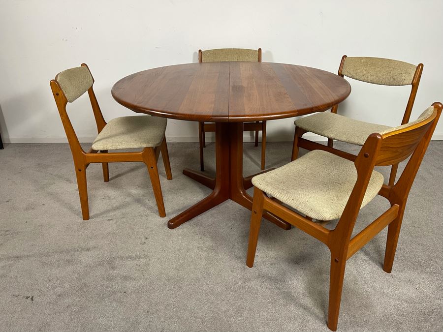 Danish Mid-Century Modern Solid Teak Dining Set With Four Chairs And 4' Round Dining Table With 20' Leaf Extension By Findahls Made In Denmark [Photo 3]
