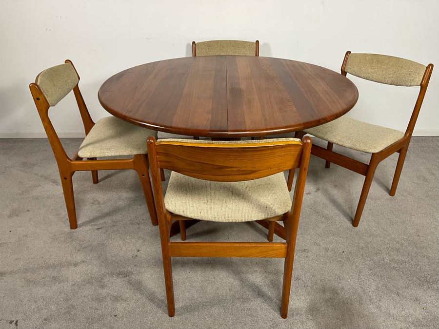Danish Mid-Century Modern Solid Teak Dining Set With Four Chairs And 4' Round Dining Table With 20' Leaf Extension By Findahls Made In Denmark [Photo 13]