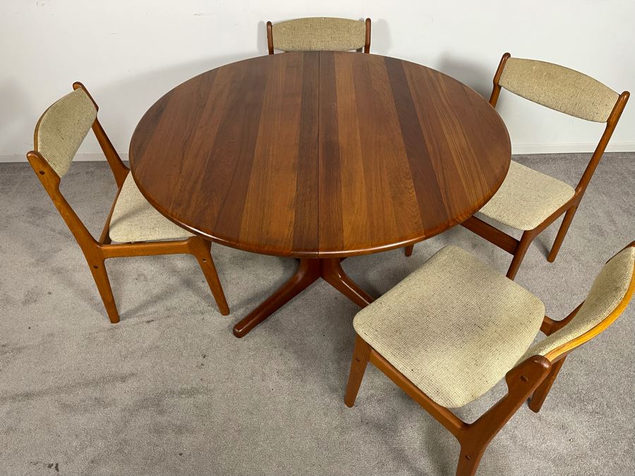Danish Mid-Century Modern Solid Teak Dining Set With Four Chairs And 4' Round Dining Table With 20' Leaf Extension By Findahls Made In Denmark [Photo 8]