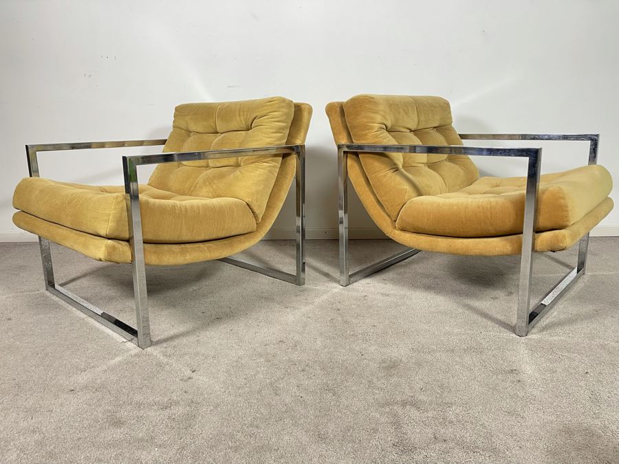Mid-Century Modern Chrome Lounge Chairs In Style Of Milo Baughman 29W X 32D X 26H