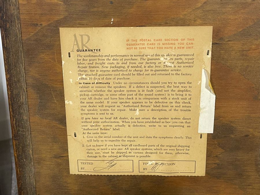 Pair Of Acoustic Research AR-2ax Acoustic Suspension Loudspeakers System With Original Warranty Card - Speaker Cabinets Are Sealed Air Tight (Foam Not Used For Cones - Video Posted) 24W X 13.5H X 11.5D [Photo 12]