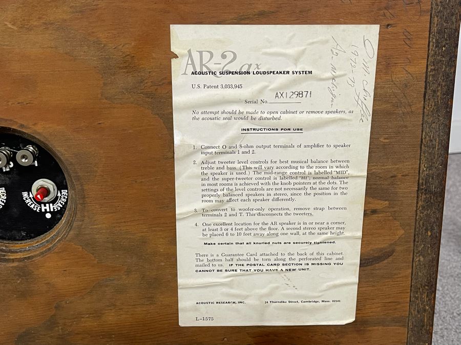 Pair Of Acoustic Research AR-2ax Acoustic Suspension Loudspeakers System With Original Warranty Card - Speaker Cabinets Are Sealed Air Tight (Foam Not Used For Cones - Video Posted) 24W X 13.5H X 11.5D [Photo 11]