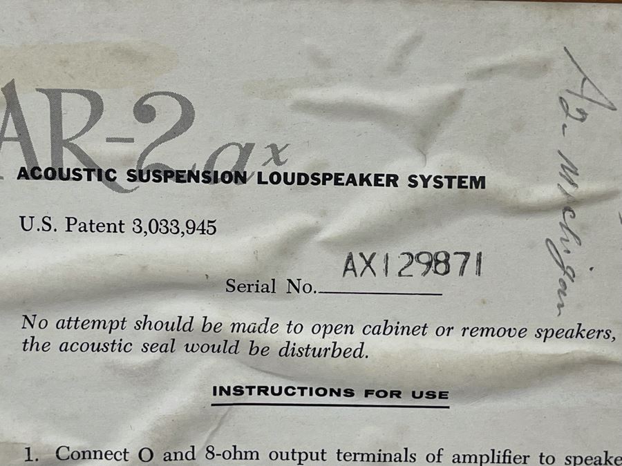 Pair Of Acoustic Research AR-2ax Acoustic Suspension Loudspeakers System With Original Warranty Card - Speaker Cabinets Are Sealed Air Tight (Foam Not Used For Cones - Video Posted) 24W X 13.5H X 11.5D [Photo 14]