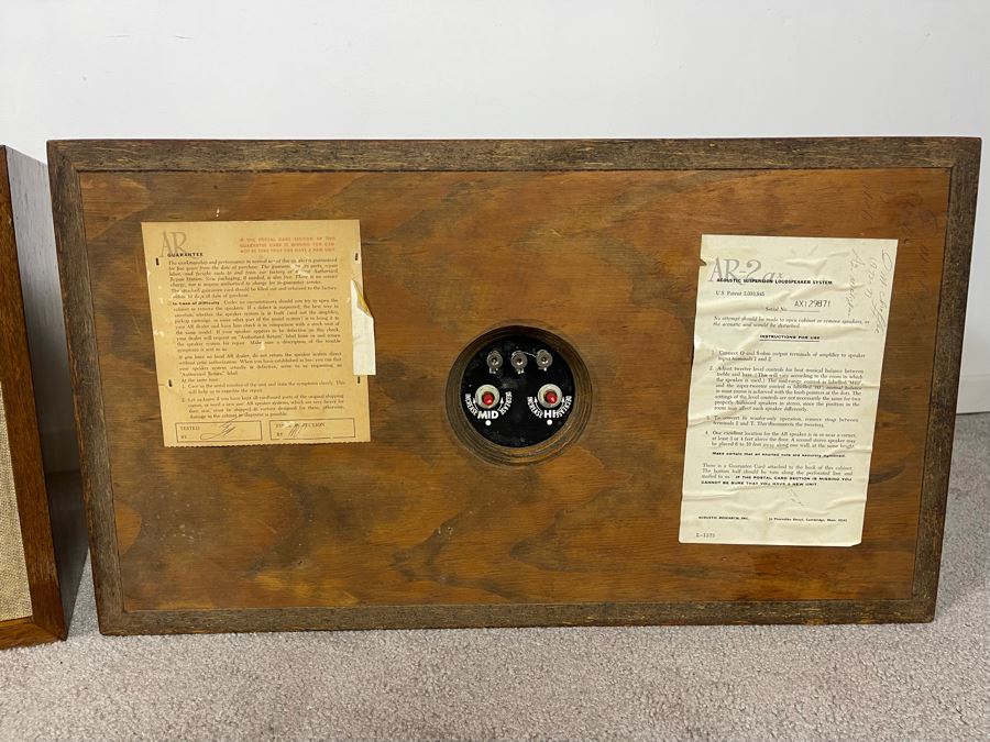 Pair Of Acoustic Research AR-2ax Acoustic Suspension Loudspeakers System With Original Warranty Card - Speaker Cabinets Are Sealed Air Tight (Foam Not Used For Cones - Video Posted) 24W X 13.5H X 11.5D [Photo 9]
