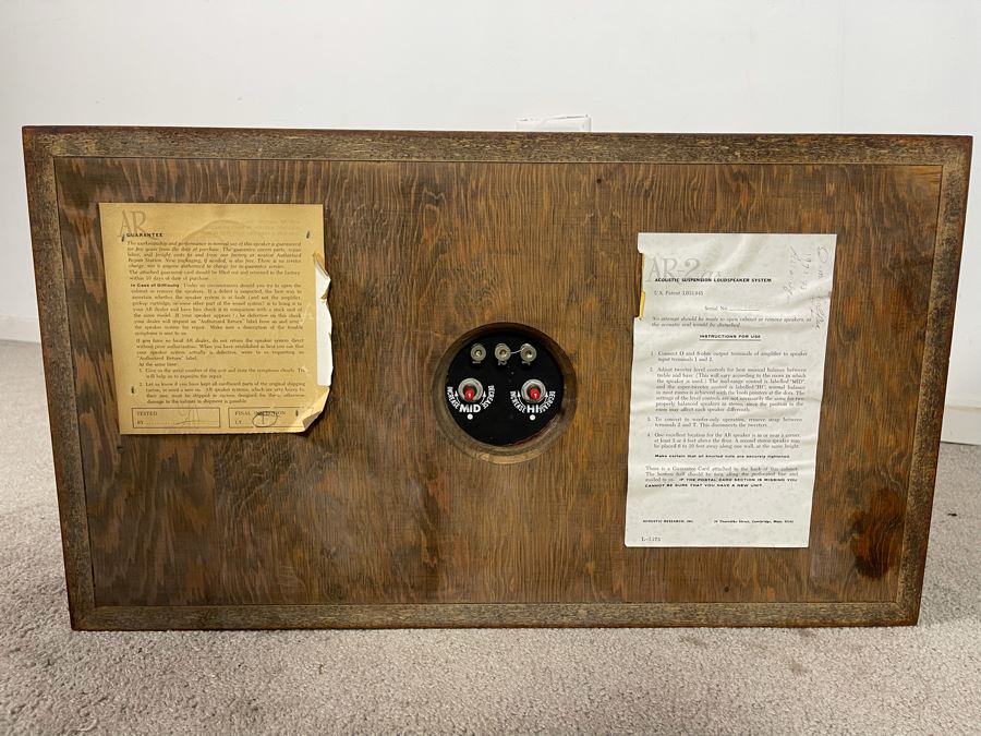 Pair Of Acoustic Research AR-2ax Acoustic Suspension Loudspeakers System With Original Warranty Card - Speaker Cabinets Are Sealed Air Tight (Foam Not Used For Cones - Video Posted) 24W X 13.5H X 11.5D [Photo 13]