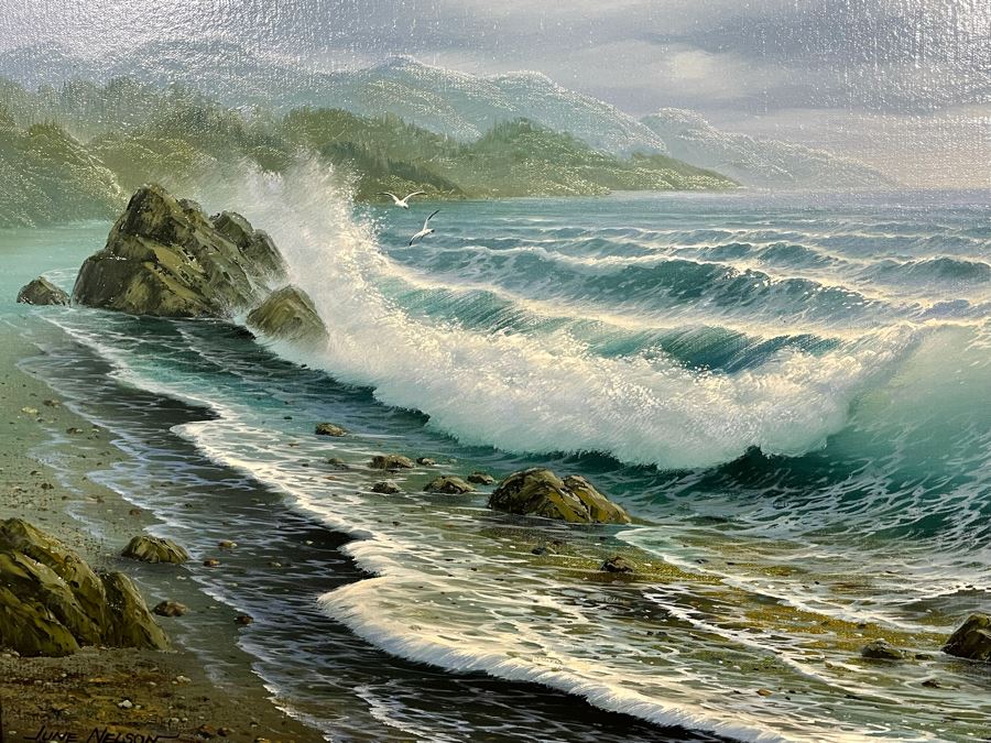 Large Framed Original Oil Painting On Canvas Of Seascape Ocean Waves By June Nelson With Overhead Frame Light 24 X 36 Canvas [Photo 7]