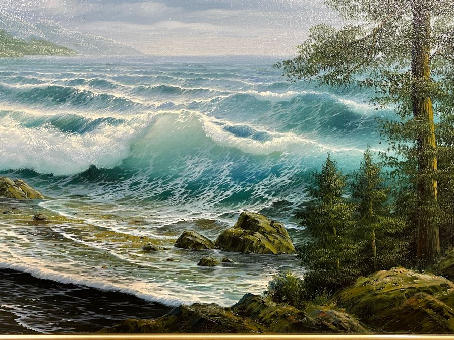 Large Framed Original Oil Painting On Canvas Of Seascape Ocean Waves By June Nelson With Overhead Frame Light 24 X 36 Canvas [Photo 6]