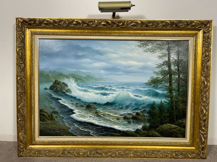 Large Framed Original Oil Painting On Canvas Of Seascape Ocean Waves By June Nelson With Overhead Frame Light 24 X 36 Canvas [Photo 3]