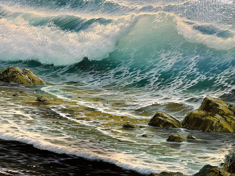 Large Framed Original Oil Painting On Canvas Of Seascape Ocean Waves By June Nelson With Overhead Frame Light 24 X 36 Canvas [Photo 8]