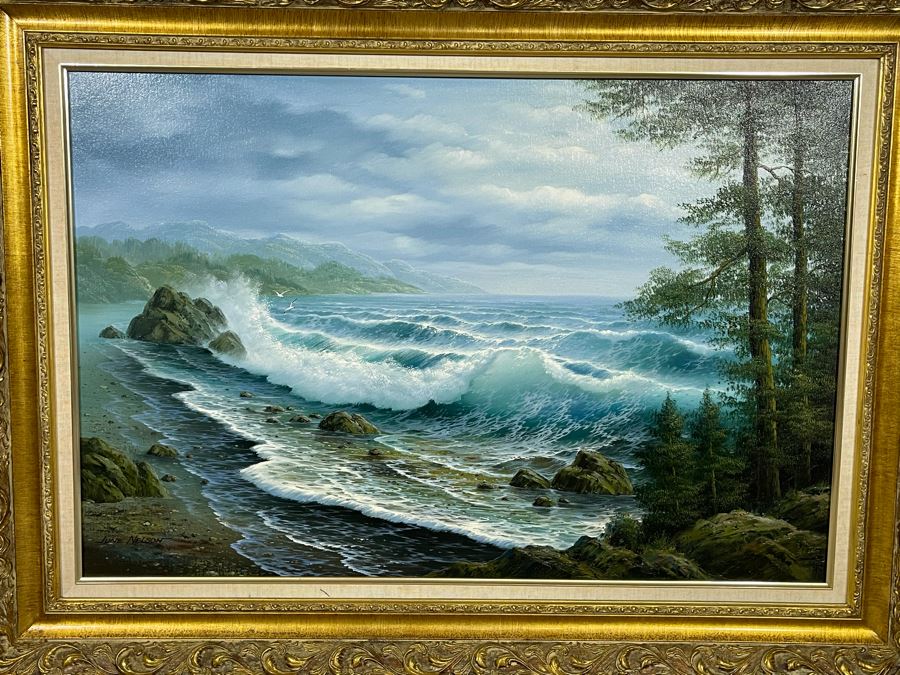 Large Framed Original Oil Painting On Canvas Of Seascape Ocean Waves By June Nelson With Overhead Frame Light 24 X 36 Canvas [Photo 5]