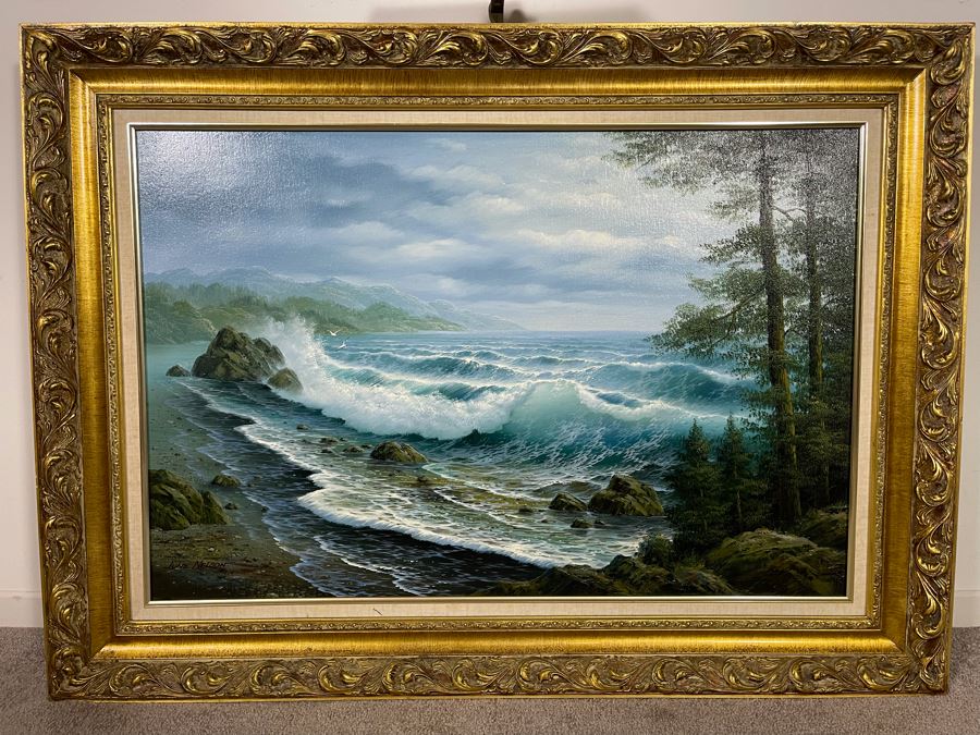 Large Framed Original Oil Painting On Canvas Of Seascape Ocean Waves By June Nelson With Overhead Frame Light 24 X 36 Canvas [Photo 4]