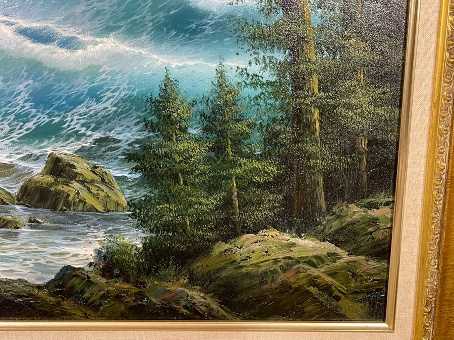 Large Framed Original Oil Painting On Canvas Of Seascape Ocean Waves By June Nelson With Overhead Frame Light 24 X 36 Canvas [Photo 9]