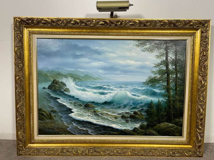 Large Framed Original Oil Painting On Canvas Of Seascape Ocean Waves By June Nelson With Overhead Frame Light 24 X 36 Canvas [Photo 1]