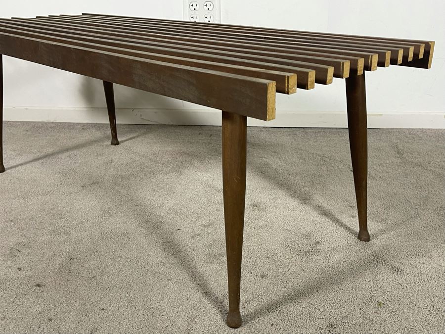 Mid-Century Modern Wooden Slat Bench - One Side Has Been Cut To Butt Against Wall 44.5W X 17D X 16H [Photo 8]