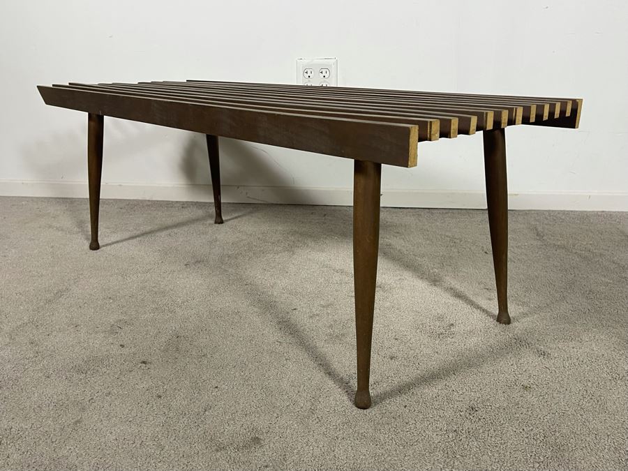 Mid-Century Modern Wooden Slat Bench - One Side Has Been Cut To Butt Against Wall 44.5W X 17D X 16H [Photo 9]