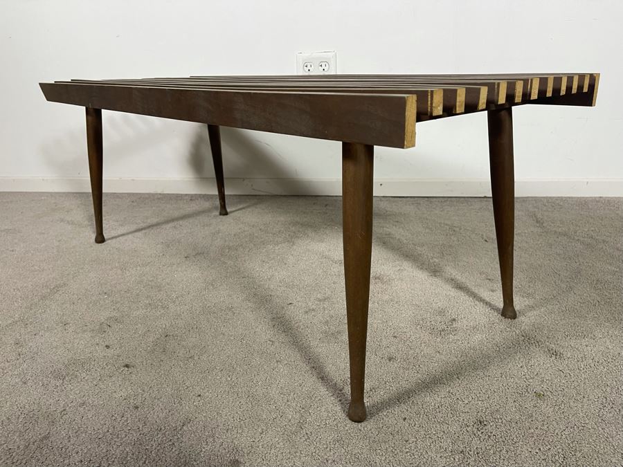 Mid-Century Modern Wooden Slat Bench - One Side Has Been Cut To Butt Against Wall 44.5W X 17D X 16H [Photo 7]