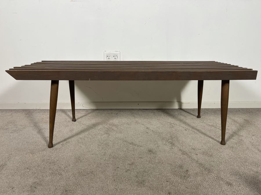 Mid-Century Modern Wooden Slat Bench - One Side Has Been Cut To Butt Against Wall 44.5W X 17D X 16H [Photo 5]