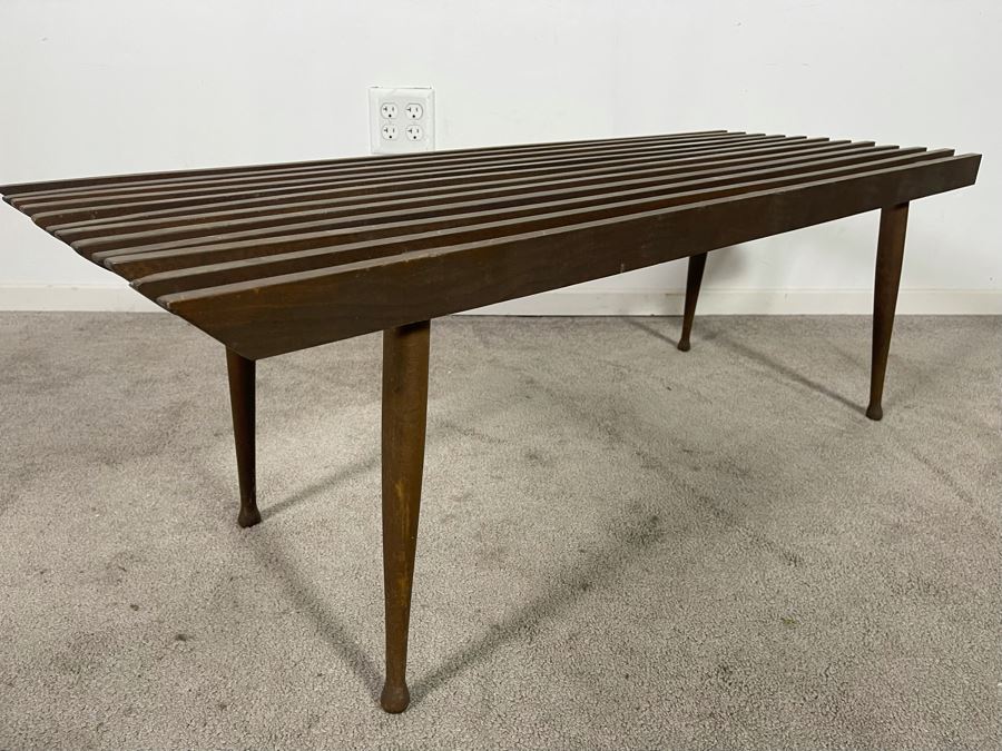 Mid-Century Modern Wooden Slat Bench - One Side Has Been Cut To Butt Against Wall 44.5W X 17D X 16H [Photo 4]