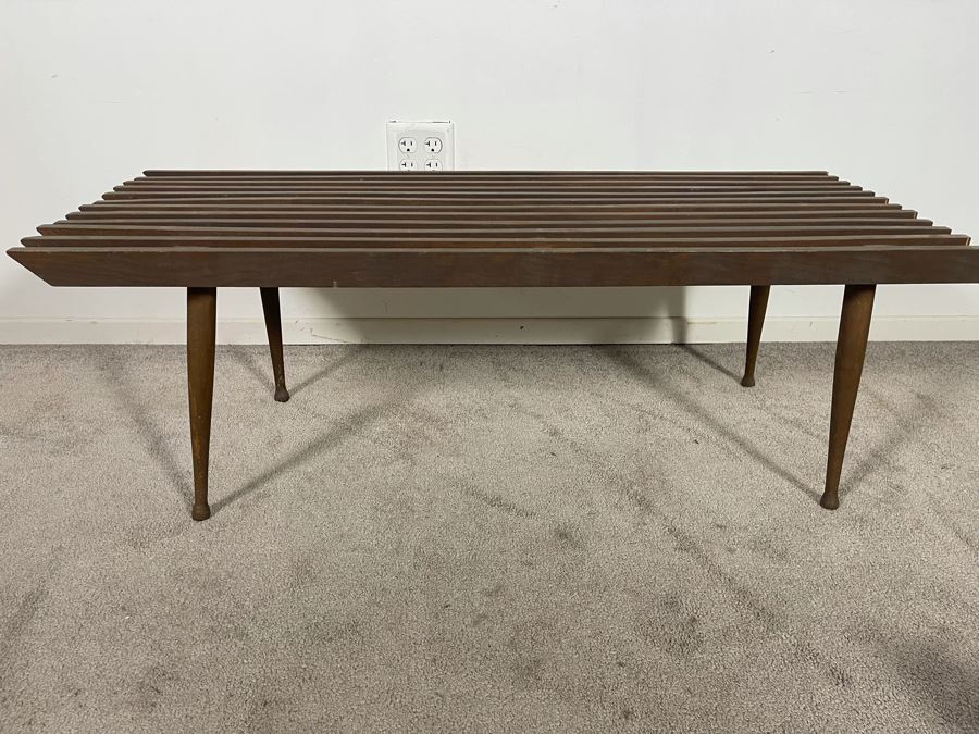 Mid-Century Modern Wooden Slat Bench - One Side Has Been Cut To Butt Against Wall 44.5W X 17D X 16H [Photo 6]