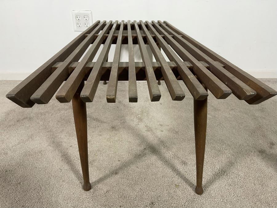 Mid-Century Modern Wooden Slat Bench - One Side Has Been Cut To Butt Against Wall 44.5W X 17D X 16H [Photo 1]