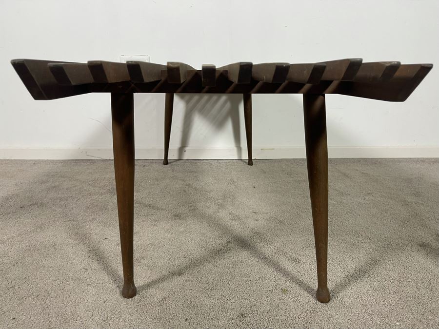 Mid-Century Modern Wooden Slat Bench - One Side Has Been Cut To Butt Against Wall 44.5W X 17D X 16H [Photo 3]