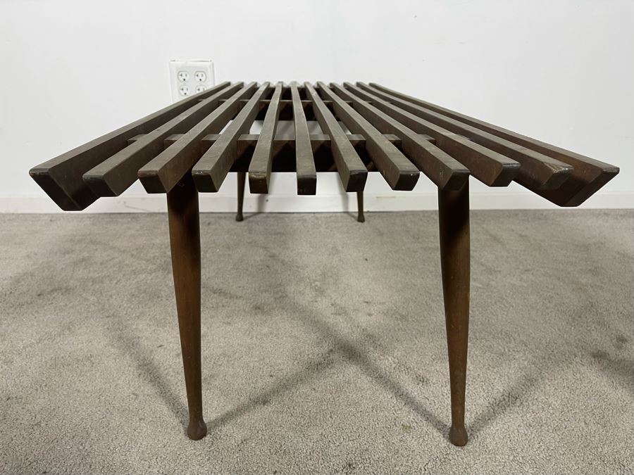 Mid-Century Modern Wooden Slat Bench - One Side Has Been Cut To Butt Against Wall 44.5W X 17D X 16H [Photo 2]