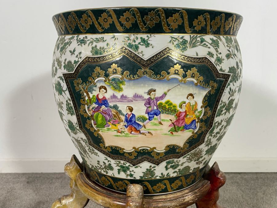 Vintage Chinese Porcelain Fish Bowl Planter With Wooden Stand 14R X 12H [Photo 3]