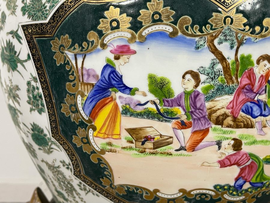 Vintage Chinese Porcelain Fish Bowl Planter With Wooden Stand 14R X 12H [Photo 10]