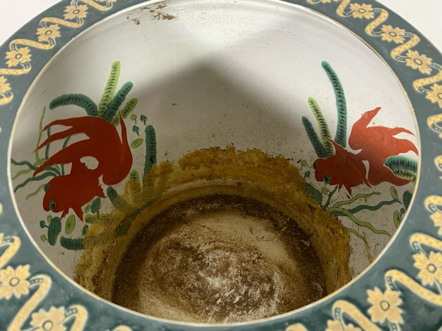 Vintage Chinese Porcelain Fish Bowl Planter With Wooden Stand 14R X 12H [Photo 14]