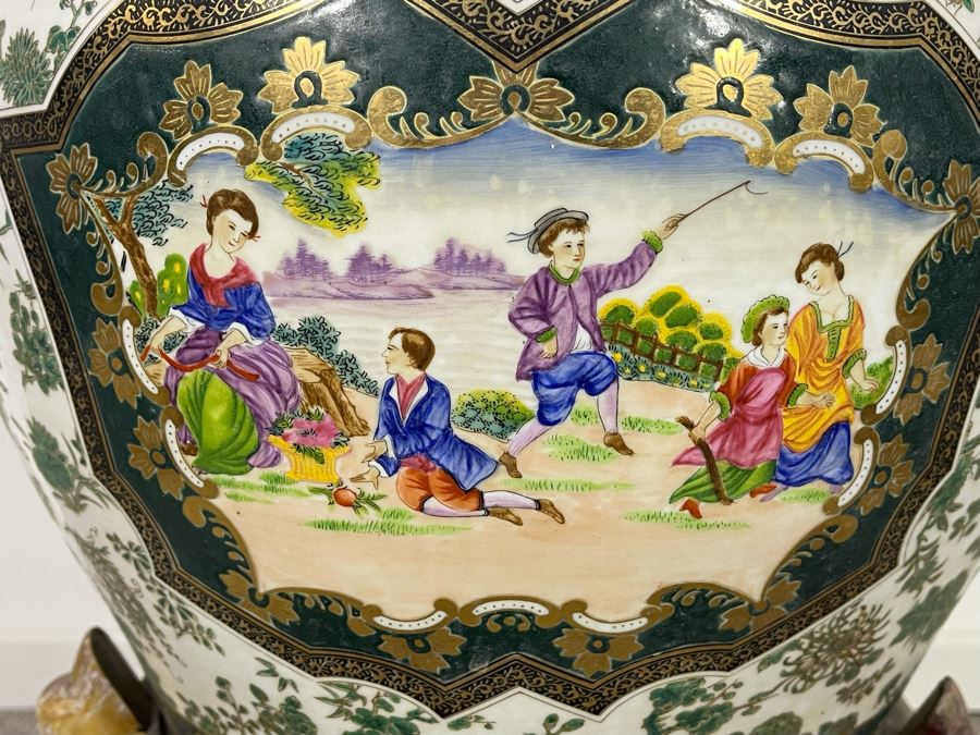 Vintage Chinese Porcelain Fish Bowl Planter With Wooden Stand 14R X 12H [Photo 4]