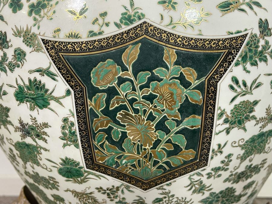 Vintage Chinese Porcelain Fish Bowl Planter With Wooden Stand 14R X 12H [Photo 8]