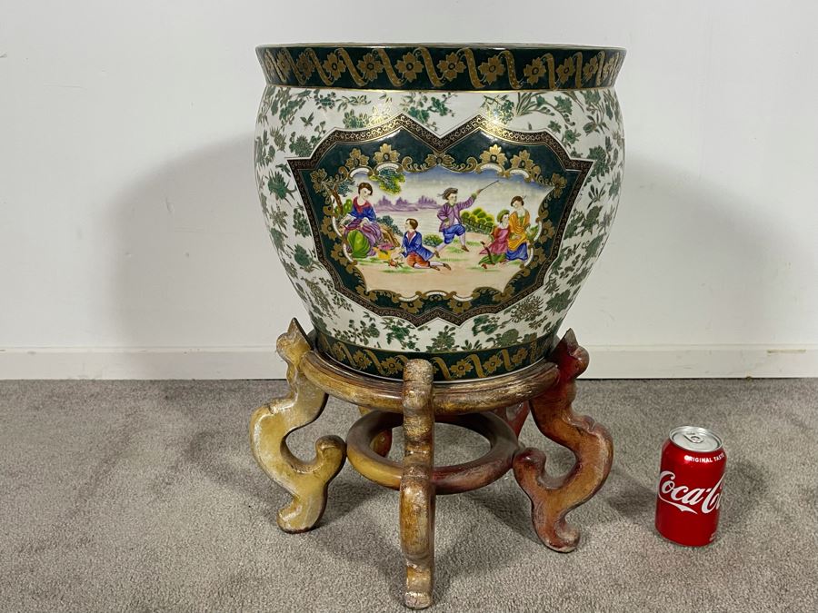 Vintage Chinese Porcelain Fish Bowl Planter With Wooden Stand 14R X 12H [Photo 2]