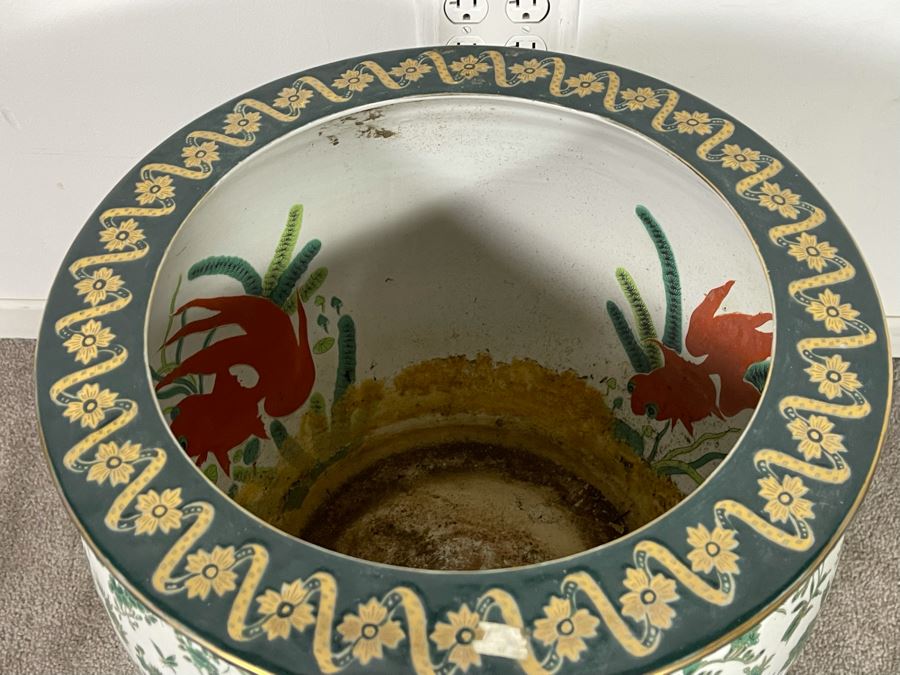 Vintage Chinese Porcelain Fish Bowl Planter With Wooden Stand 14R X 12H [Photo 13]