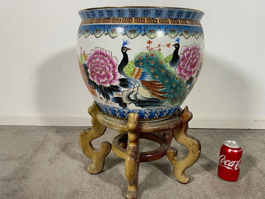 Vintage Chinese Porcelain Fish Bowl Planter With Wooden Stand 14.5R X 12H