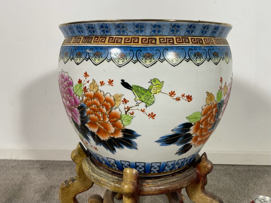 Vintage Chinese Porcelain Fish Bowl Planter With Wooden Stand 14.5R X 12H [Photo 6]