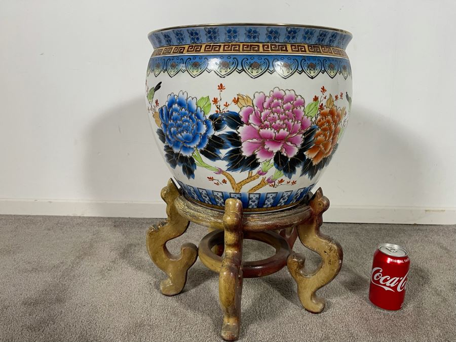 Vintage Chinese Porcelain Fish Bowl Planter With Wooden Stand 14.5R X 12H [Photo 3]