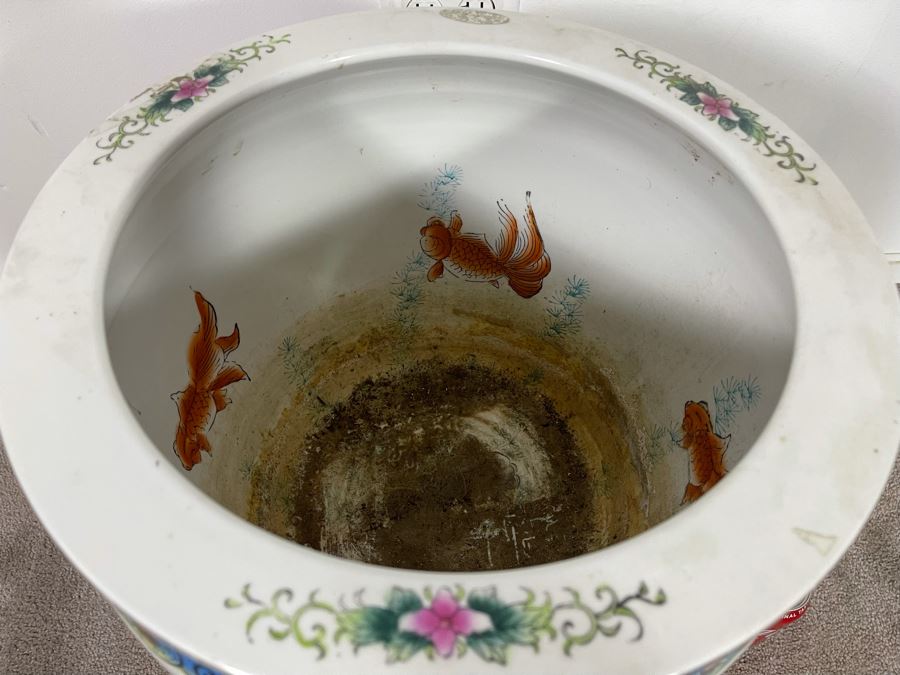 Vintage Chinese Porcelain Fish Bowl Planter With Wooden Stand 14.5R X 12H [Photo 11]