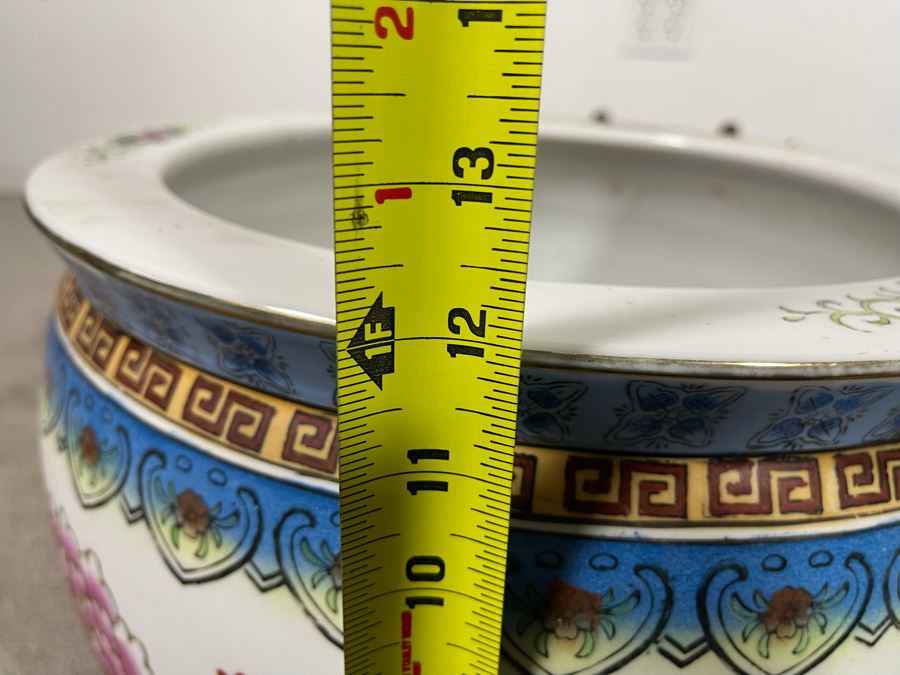 Vintage Chinese Porcelain Fish Bowl Planter With Wooden Stand 14.5R X 12H [Photo 15]