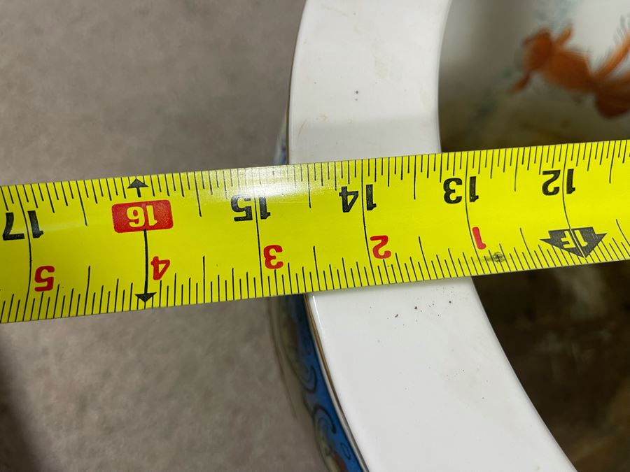 Vintage Chinese Porcelain Fish Bowl Planter With Wooden Stand 14.5R X 12H [Photo 14]