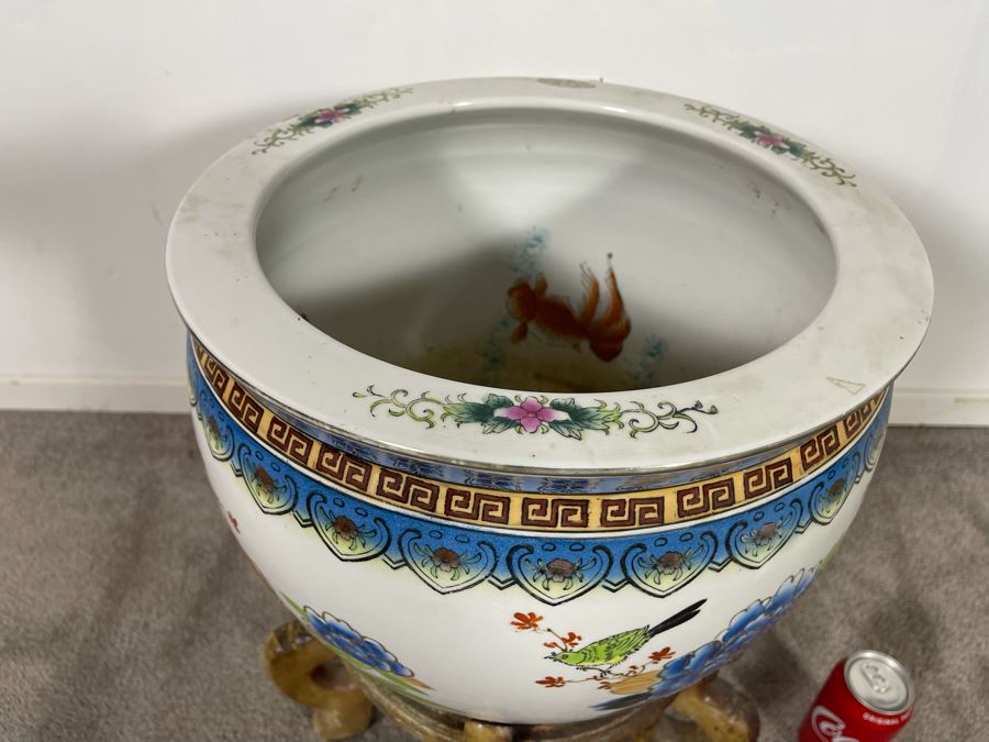 Vintage Chinese Porcelain Fish Bowl Planter With Wooden Stand 14.5R X 12H [Photo 10]