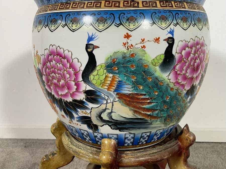Vintage Chinese Porcelain Fish Bowl Planter With Wooden Stand 14.5R X 12H [Photo 7]