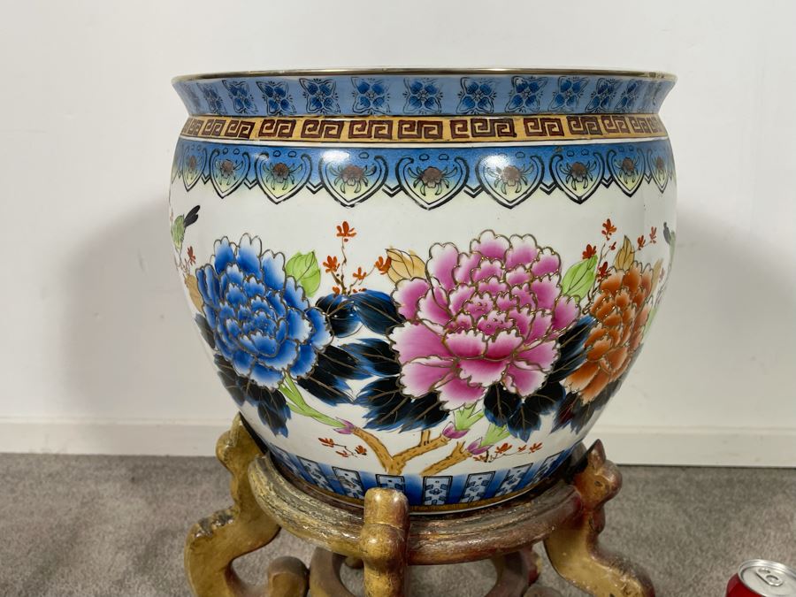 Vintage Chinese Porcelain Fish Bowl Planter With Wooden Stand 14.5R X 12H [Photo 5]