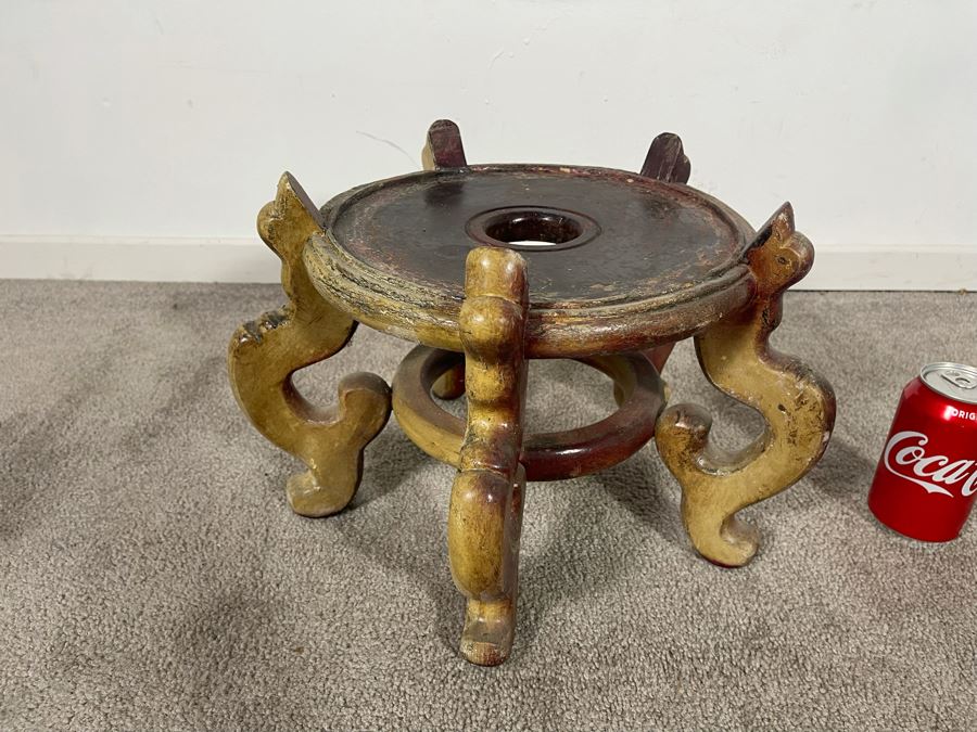 Vintage Chinese Porcelain Fish Bowl Planter With Wooden Stand 14.5R X 12H [Photo 16]