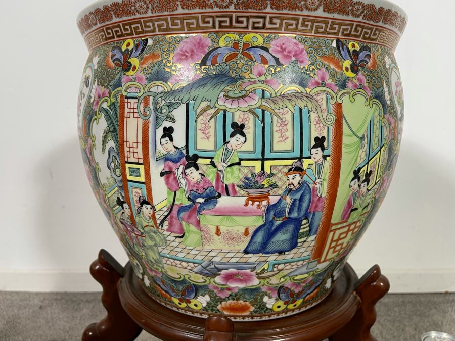 Vintage Chinese Porcelain Fish Bowl Planter With Wooden Stand 14R X 12H [Photo 15]