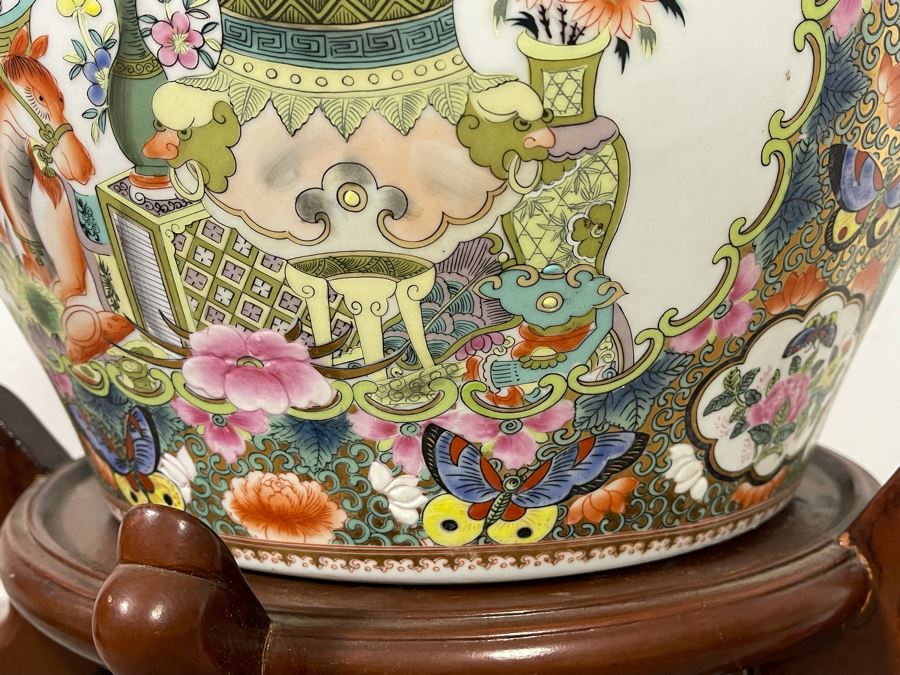 Vintage Chinese Porcelain Fish Bowl Planter With Wooden Stand 14R X 12H [Photo 10]