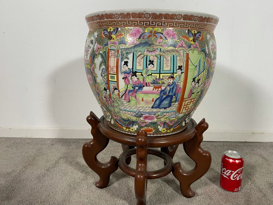 Vintage Chinese Porcelain Fish Bowl Planter With Wooden Stand 14R X 12H [Photo 14]