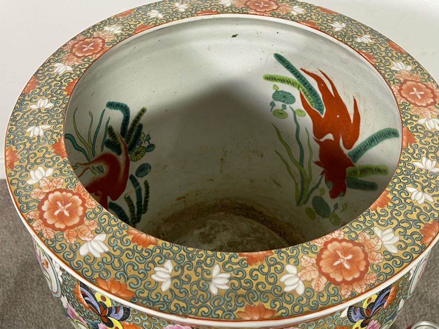 Vintage Chinese Porcelain Fish Bowl Planter With Wooden Stand 14R X 12H [Photo 26]