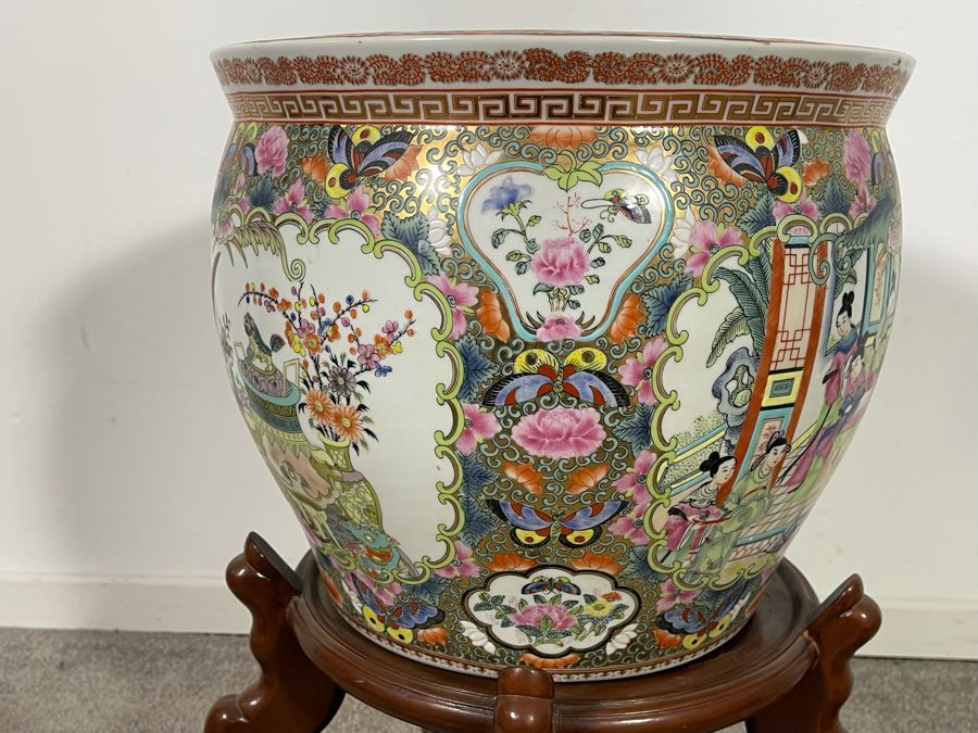 Vintage Chinese Porcelain Fish Bowl Planter With Wooden Stand 14R X 12H [Photo 11]