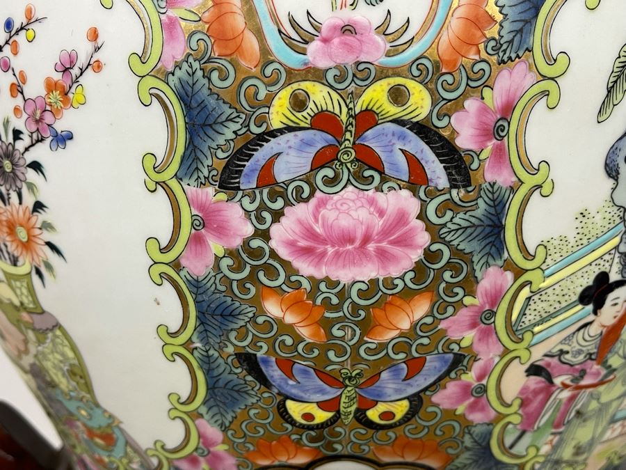 Vintage Chinese Porcelain Fish Bowl Planter With Wooden Stand 14R X 12H [Photo 12]