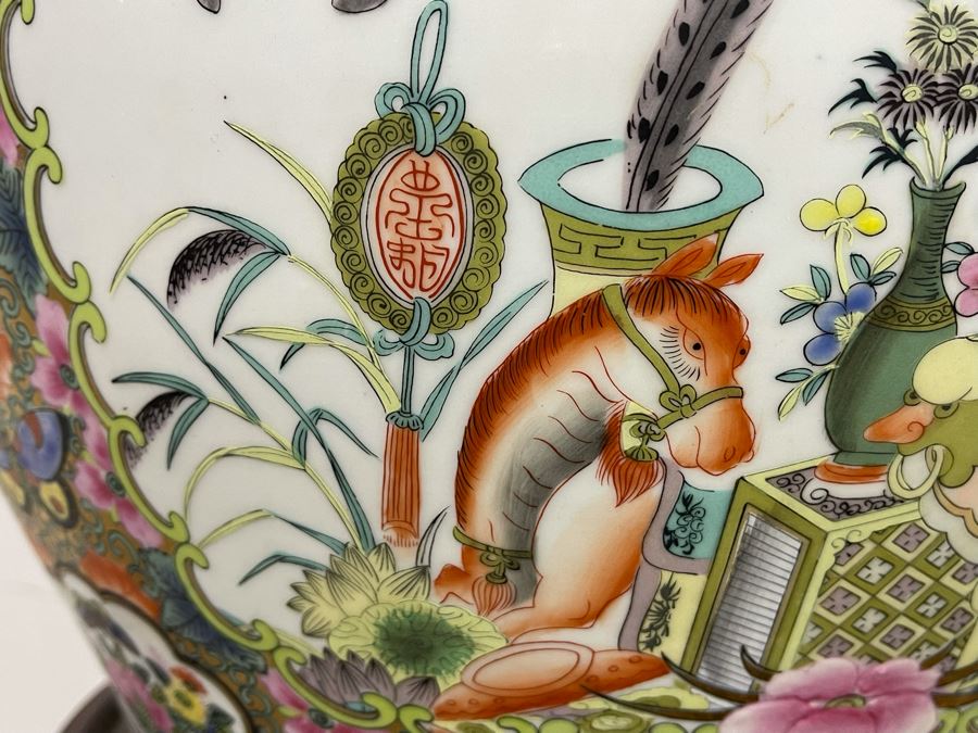 Vintage Chinese Porcelain Fish Bowl Planter With Wooden Stand 14R X 12H [Photo 8]